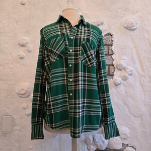 Merona Women Green Plaid Flannel Button Down Shirt Large L Long Sleeve Casual